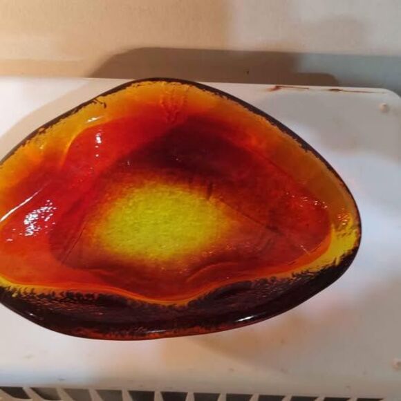 RARE Vtg LE Smith AMBERINA Heavy Glass candy dish key tray yellow orange Red - Picture 1 of 5